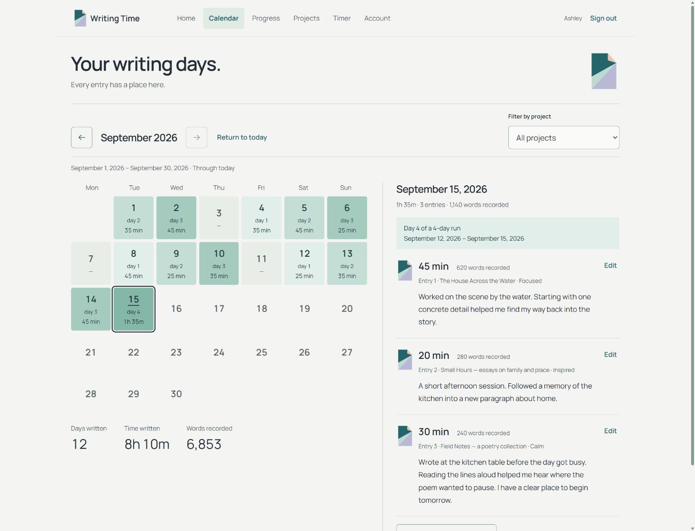 Writing Time sample month with writing days and session details